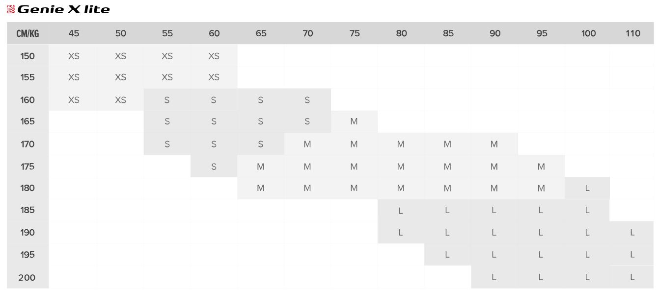 guide des tailles Genie X-Lite